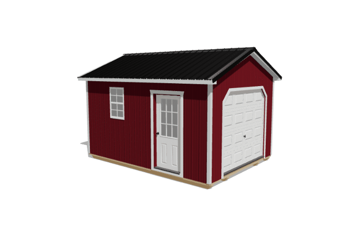 3D model of red 14x24 portable garage with white overhead and side doors white -framed window and brown gable-style roof